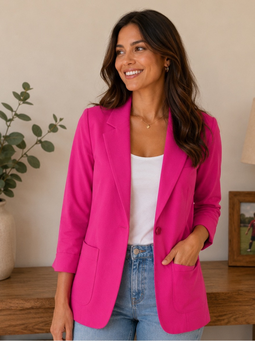 Women’s Fuchsia Lightweight Blazer Jacket - Brand Unknown Large Shoulder Pads